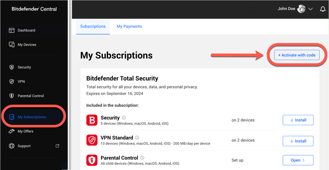 Le mie sottoscrizioni - Estendere l'abbonamento a Bitdefender